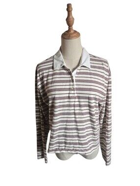 GAP Striped Long-Sleeve Polo Top in White and Brown